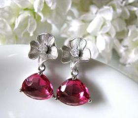 Matt Silver Plated Cubic Zirconia Flower With Ruby Red Triangular Cut Glass Ear Posts