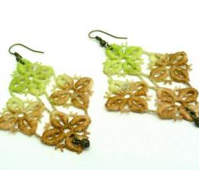 Lace Earrings - Hand Dyed - Vintage Inspired - Green Brown Diamond Shapes - Customizable Colors