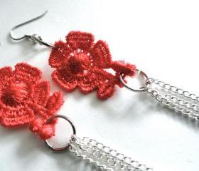 Lace Earrings with Red Flowers and Silver Plated Chain - Floral Jewelry