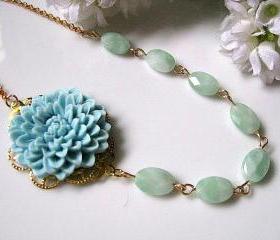 Pale Blue Chrysanthemum Flower And Faceted Oval Mexican Amazonite Necklace
