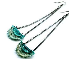 Lace Earrings - Teal and Olive with Antiqued Bronze Chain - Customizable Colors - Lace Fashion
