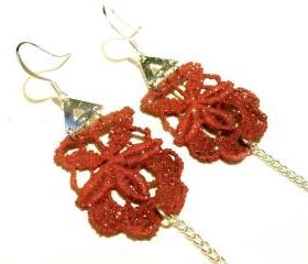Lace Earrings Hand Dyed - Red Flower With Black Glass Beads - Customizable Colors