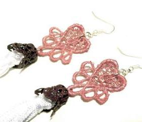 Heart Tassel Lace Earrings Hand Dyed - Pink and White - Customizable Colors - Lace Fashion
