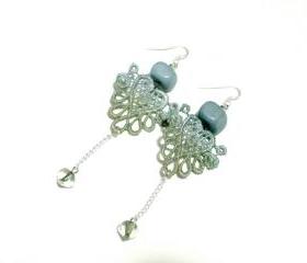 Heart Lace Earrings Hand Dyed - Pearl Olive Green and Baby Blue - Customizable Colors - Lace Fashion