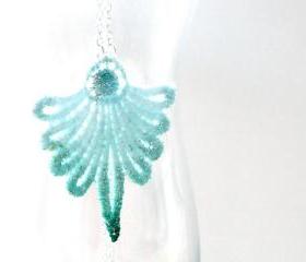 Teal and Sea Foam Green Lace Necklace with Silver Plated Chain for Spring Summer