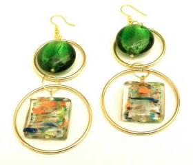 Earrings with Gold Hoops and Green and Multicolored Dichroic Glass Beads