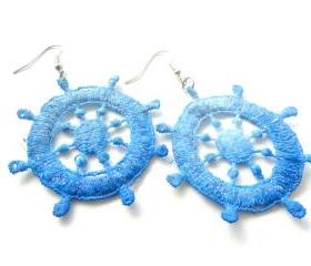 Nautical Blue Lace Earrings Hand Dyed - Summer Ocean Ship Wheel with Glitter