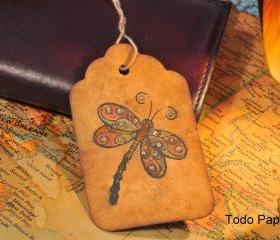 10 Dragonfly Vintage inspired tags. Coffee stained.