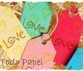 10 love mini tags . cobalt . champagne . raspberry . mint . pink. 1 by 2 inches . pastels . hearts . hand stamped . hemp ties
