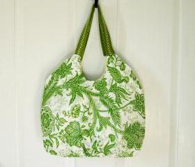Pleated Handbag Purse Tote Green and White Botanical