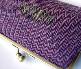 Kisslock Clutch Monogrammed Personalized Silk Frame Handbag Pink and Brown Herringbone