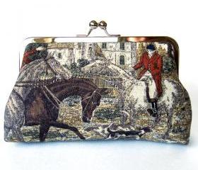 Kisslock Frame Clutch Silk Lined Red Fox Hunt Pink Red Coat