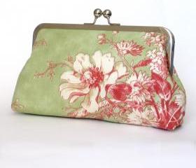 Kisslock Frame Clutch Silk Lined Pink and Green Flowers