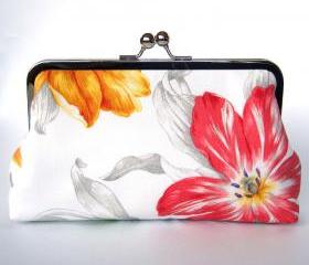 Clutch Frame Kisslock Purse Silk Lined Tulip Flower Print