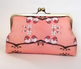 Kisslock Frame Clutch Silk Lined Pink Birds on a Branch
