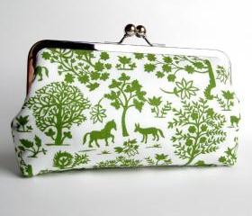 Kisslock Clutch Silk Lined Green and White Silhouette Forest Frame