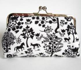 Kisslock Clutch Silk Lined Black and White Forest Silhouette Frame