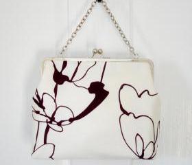 Clutch Frame Kisslock Purse Silk Lined White Abstract Flower Print