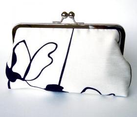 Clutch Frame Kisslock Purse Silk Lined White Abstract Flower Print