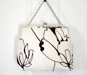 Clutch Frame Kisslock Purse Silk Lined White Abstract Flower Print