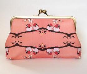 Favorite LikeKisslock Frame Clutch Silk Lined Pink Birds on a Branch