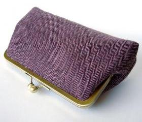 Kisslock Frame Clutch Silk Lined Pink Brown Tweed Wool Heringbone
