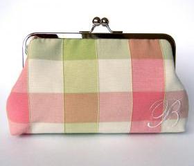 Kisslock Clutch Monogrammed Personalized Silk Frame Handbag Pink and Green Plaid