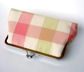 Kisslock Clutch Silk Frame Handbag Pink and Green Plaid