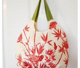 Pleated Handbag Purse Tote Red and White Bird and Bamboo