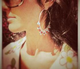 Puesta Del Sol large sterling silver hoops red coral turquoise loops 