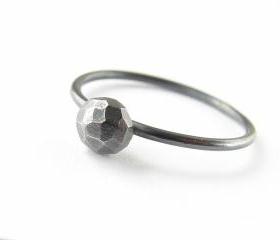 Oxidized silver ring . Black stacker with faceted nugget