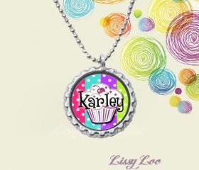 Personalized Colorful Dots Cupcake Bottle Cap Necklace 