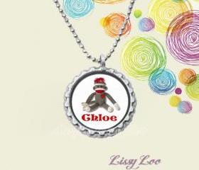 Personalized Sock Monkey Bottle cap necklace 