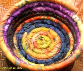 Coiled Fabric Basket Bowl multi-colored Yellow, Purple, Blue, Orange, Turquoise - 8 inches across