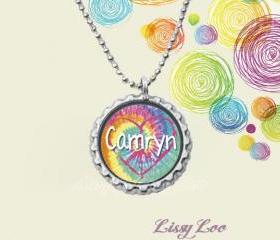 Personalized Tye Dye Heart Bottle cap necklace 