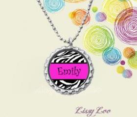 Personalized Zebra and Pink Bottle cap necklace