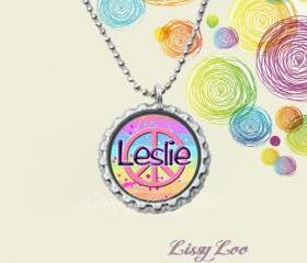 Girly Peace Sign Personalized Bottle Cap Necklace