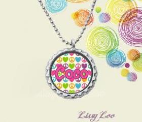 Peace Sign and Hearts Personalized Bottle Cap Necklace