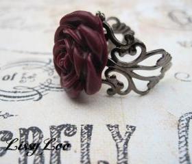 Burgandy Filigree Rose Rings 