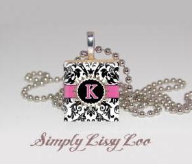 Custom Damask Initial Scrabble Tile Necklace