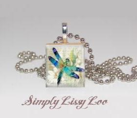 Dragon Fly with Flowers Scrabble Tile Necklace