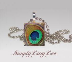 Gold Peacock Feather Scrabble tile Necklace