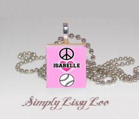 Peace Love Soft ball Personalized Scrabble Tile Necklace 