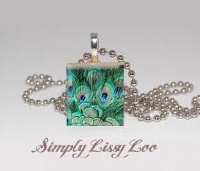 Peacock Feather Scrabble Tile Necklace 