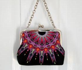 Kisslock Frame Tote Clutch Silk Lined Bright Pink Geometric Medallions