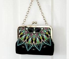 Kisslock Frame Tote Clutch Silk Lined Bright Blue Geometric Medallions