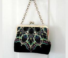 Kisslock Frame Tote Clutch Silk Lined Bright Blue Geometric Medallions