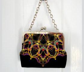 Kisslock Frame Tote Clutch Silk Lined Bright Yellow Orange Geometric Medallions