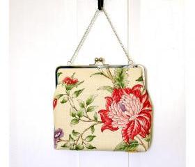 Silk Lined Linen Floral Tote Frame Kisslock Clutch