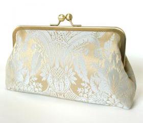 Silk Lined Damask Blue Frame Kisslock Clutch